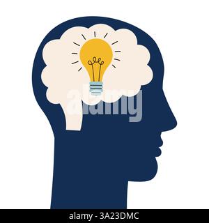 Human silhouette profile picture with bulb in the head. Creative person with new idea, human brain concept, people find solution. Stock Vector