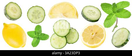 set of cucumber and lemon slices with mint isolated on white background. Stock Photo