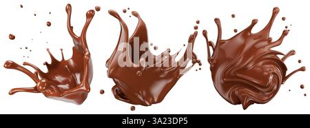 set of chocolate splashes isolated on white background. 3d render. Stock Photo
