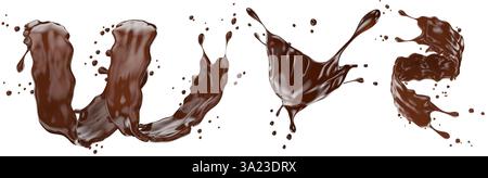 set of chocolate splashes isolated on white background. 3d render. Stock Photo