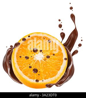 half of orange with chocolate splash isolated on white background. Stock Photo