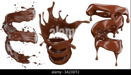 set of chocolate splashes isolated on white background. 3d render. Stock Photo