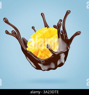 mango cube slices in chocolate splash on a light blue background. Stock Photo