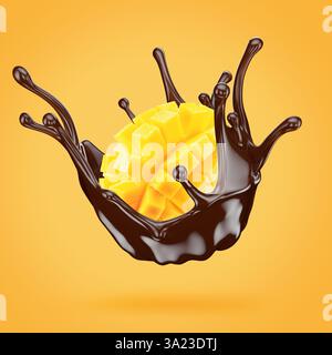 mango cube slices in chocolate splash on a light gorange background. Stock Photo