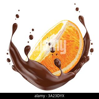 orange slice in chocolate splash isolated on a white background. Stock Photo
