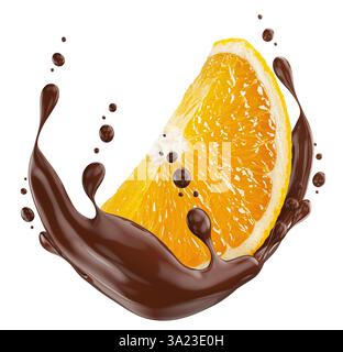 orange slice in chocolate splash isolated on a white background. Stock Photo