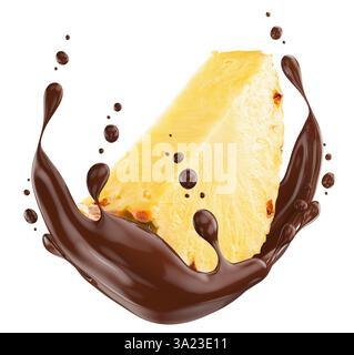 pineapple slice in chocolate splash isolated on a white background. Stock Photo