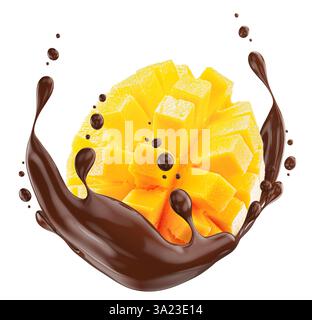 mango in chocolate splash isolated on a white background. Stock Photo