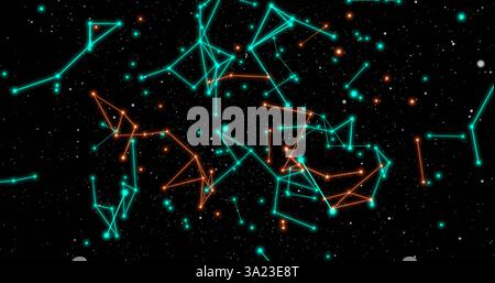 Polygon network in orange and green colours. Abstract plexus, science, connections, wire, system and digital, geometry. 3d render. Stock Photo