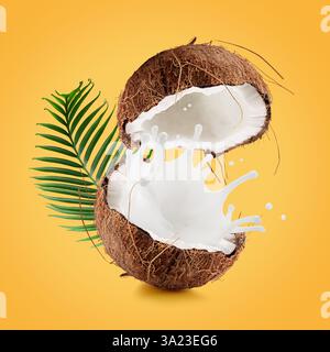 coconuts with milk splash and leaf on a yellow background. Stock Photo