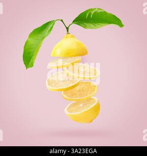 lemon slices with leaves on a light pink background. Stock Photo