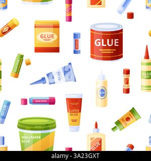 Cartoon glue seamless pattern. Glue in pencil, box and plastic containers. Elements for office and home renovation. Stylish print vector design Stock Vector