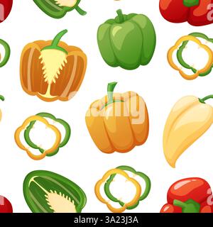 Bell peppers seamless pattern. Pepper yellow orange green and red. Sweet paprika, fresh organic vegetables. Print design, website backdrop, nowaday Stock Vector