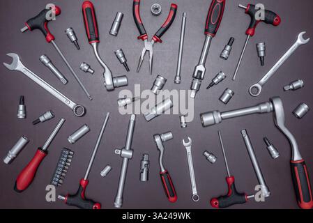 Set of various auto mechanic tools on a working table. Stock Photo