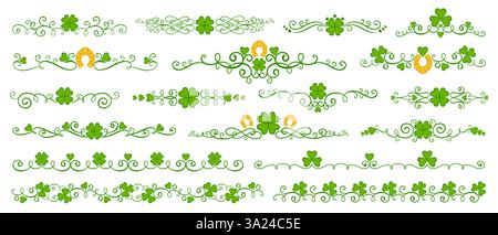Shamrock clover dividers and borders of st Patrick day holiday. Green line patterns. Vector trims with lucky clover plants and gold horseshoes. Decora Stock Vector