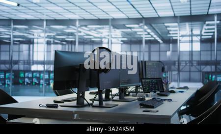 Close up of tablet in data center workspace used for controlling company network infrastructure. Focus on coding software on device in server room used to ensure optimal system performance Stock Photo