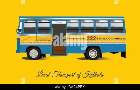 Illustration of a blue Kolkata bus showcases local transport with a route from Bonhooghly to Behala Chowrasta, labeled as bus 222. Stock Vector