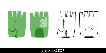 Fingerless Gloves Mitaine Short length green cartoon and sketch outline Fashion hand accessory clothing technical illustration garment. Vector for Men, women, unisex style flat template CAD Stock Vector