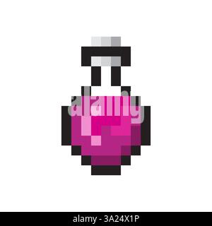 Pixel art potion. Pinkish purple liquid. Gray stopper detail. Vector bottle. Stock Vector