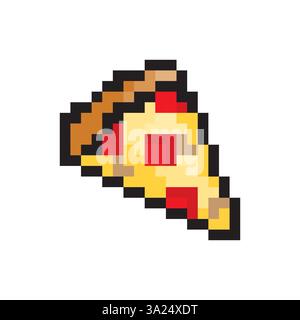 Pixel art pizza. Triangular slice shape. Brown crust detail. Yellow cheese vector. Stock Vector