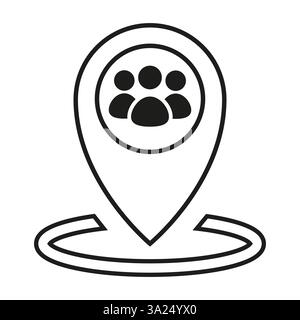 Map pin icon. Vector community symbol. People group inside. Black outline design. Stock Vector