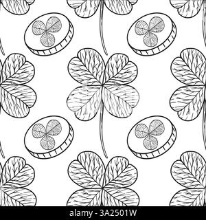 This stylish pattern elegantly features delightful fourleaf clovers and shimmering coins, ideal for all spring designs. Hand drawn vector black-and-white graphics in line art for printing on paper and fabric. Stock Vector