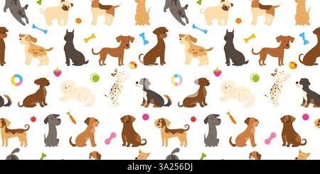 Playful dogs with dog toys seamless pattern. Cute Dogs cartoon childish dogs breeds boundless background. Funny Puppy in various poses playing sitting, standing endless template. Pet animals vector Stock Vector