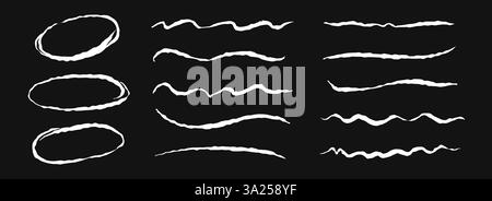 Hand drawn chalk circles and lines set. White pastel underlines and strokes collection. Wavy crayon brushstroke bundles. Rough sketched marks and highlights to divide, separate and emphasis. Vector Stock Vector