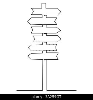 Road direction continuous one line drawing of signpost arrows to the left and right outline vector illustration Stock Vector