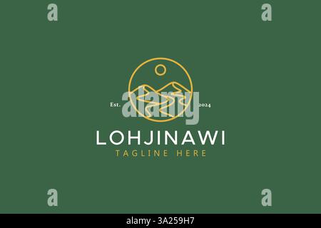 Linear Illustration Hiking Mountain and Hill Abstract View and Panorama Natural Landscape Logo Badge Stock Vector