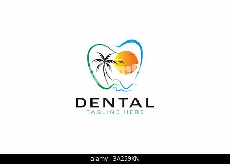 Dental Logo with Landscape Abstract Illustration Beach and Sunset Concept Brand Identity Stock Vector