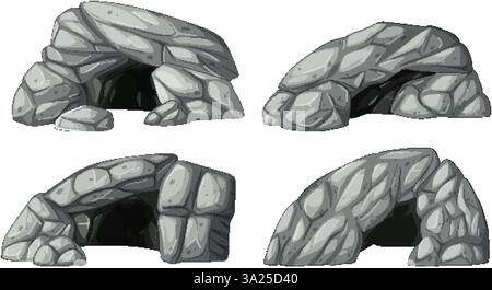 A collection of four stone cave vector illustrations, showcasing varied shapes and textures in a cartoon style Stock Vector