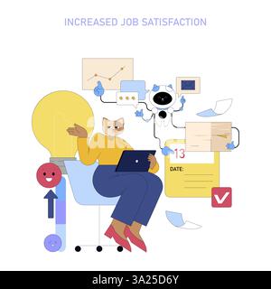 AI assistant enhancing workplace engagement leads to increased job satisfaction. The illustration captures a blend of productivity tools and positive emotions through an entertaining character interaction. Vector illustration. Stock Vector