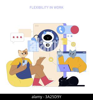 AI assistant enhances productivity in a flexible work environment, showcasing individuals using technology for communication and tasks. The illustration highlights creativity, collaboration, and efficiency. Stock Vector