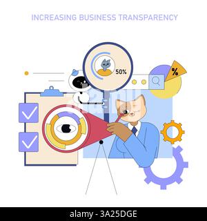 AI's role in enhancing business transparency is explored through visual tools and analytics. The illustration emphasizes clarity, accountability, and progress in modern management practices. Stock Vector