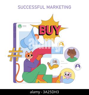 Successful marketing concept. Illustrates a playful approach to drawing customer attention through catchy visuals and engaging communication. Emphasizing connection with the audience through a fun representation. Vector illustration. Stock Vector
