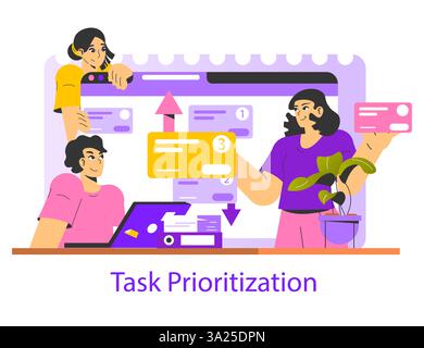 This illustration captures the concept of task prioritization in a collaborative workspace. It highlights individuals engaging with digital tools, organizing tasks, and optimizing their workflow effectively. Stock Vector