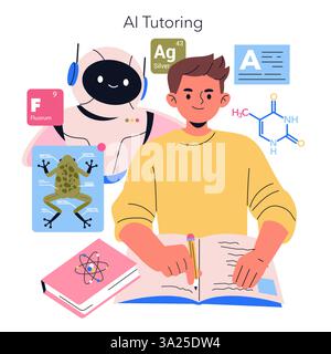 AI tutoring representation featuring a student engaged in study with a friendly robotic assistant. The illustration highlights elements of chemistry, biology, and learning, promoting modern education techniques. Stock Vector