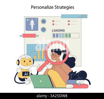Robot advisor assists in personalized strategies through data analysis and user engagement. A visual blend of technology and companionship highlights innovative solutions for better decision-making. Vector illustration. Stock Vector