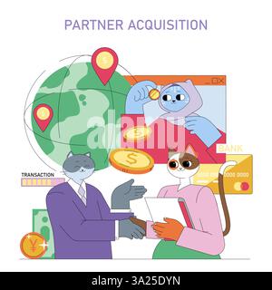 Partner acquisition focus in a dynamic business setting. Illustrates diverse characters engaged in transactions, emphasizing global connections and financial interactions. Highlights partnership opportunities, digital communication, and strategic collaboration in a modern economy. Vector illustration. Stock Vector