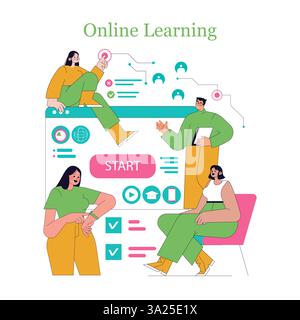 Online learning offers an innovative approach to education, connecting students and resources. Users can engage through various digital platforms, enhancing accessibility and knowledge sharing. Vector illustration. Stock Vector