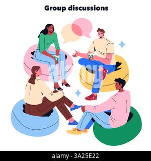 Group discussions are collaborative interactions fostering idea exchange among participants. These meetings enhance creativity and problem-solving through diverse perspectives. Engaging conversations promote team bonding and knowledge sharing. Vector illustration. Stock Vector