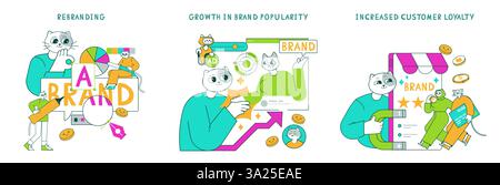Business Cat concept. A series of illustrations showcasing the impact of branding strategies on customer loyalty and brand popularity. Rebranding, growth in recognition, and fostering trust are highlighted. Vector illustration. Stock Vector