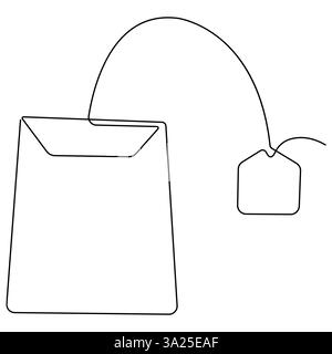 Continuous single line art drawing of paper tea bag icon and Hot herbal drink outline art vector illustration Stock Vector
