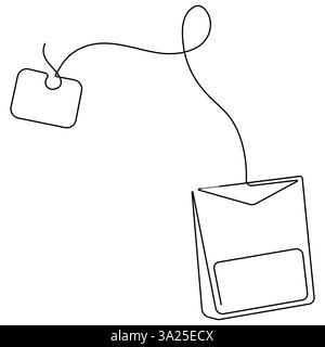 Continuous single line art drawing of paper tea bag icon and Hot herbal drink outline art vector illustration Stock Vector