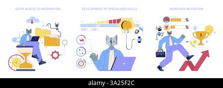 AI Assistant for Work. The illustration shows a professional utilizing AI tools to enhance productivity through quick access to information, skill development, and increased motivation. Vector illustration. Stock Vector
