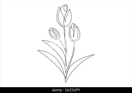 Continuous one single line drawing beauty tulip flower vector. Minimal tropical floral style, love romantic concept Stock Vector