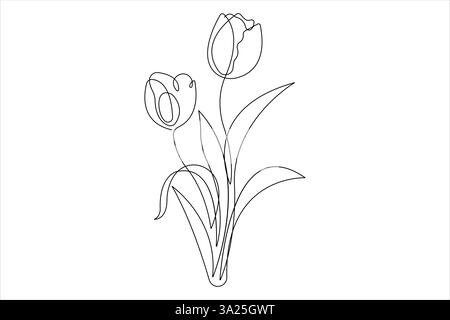 Continuous one single line drawing beauty tulip flower vector. Minimal tropical floral style, love romantic concept Stock Vector