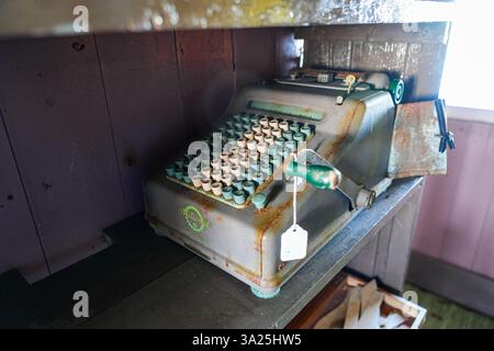Old mechanical calculator in Wordie House, an old research station (Base F) of the British Antarctic Station built on Winter Island in 1935 and restor Stock Photo