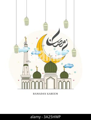 Hand-drawn Ramadan mosque with crescent and hanging lanterns. The Arabic calligraphy reads 'Ramadan'. Vector illustration for ramadan eid Stock Vector